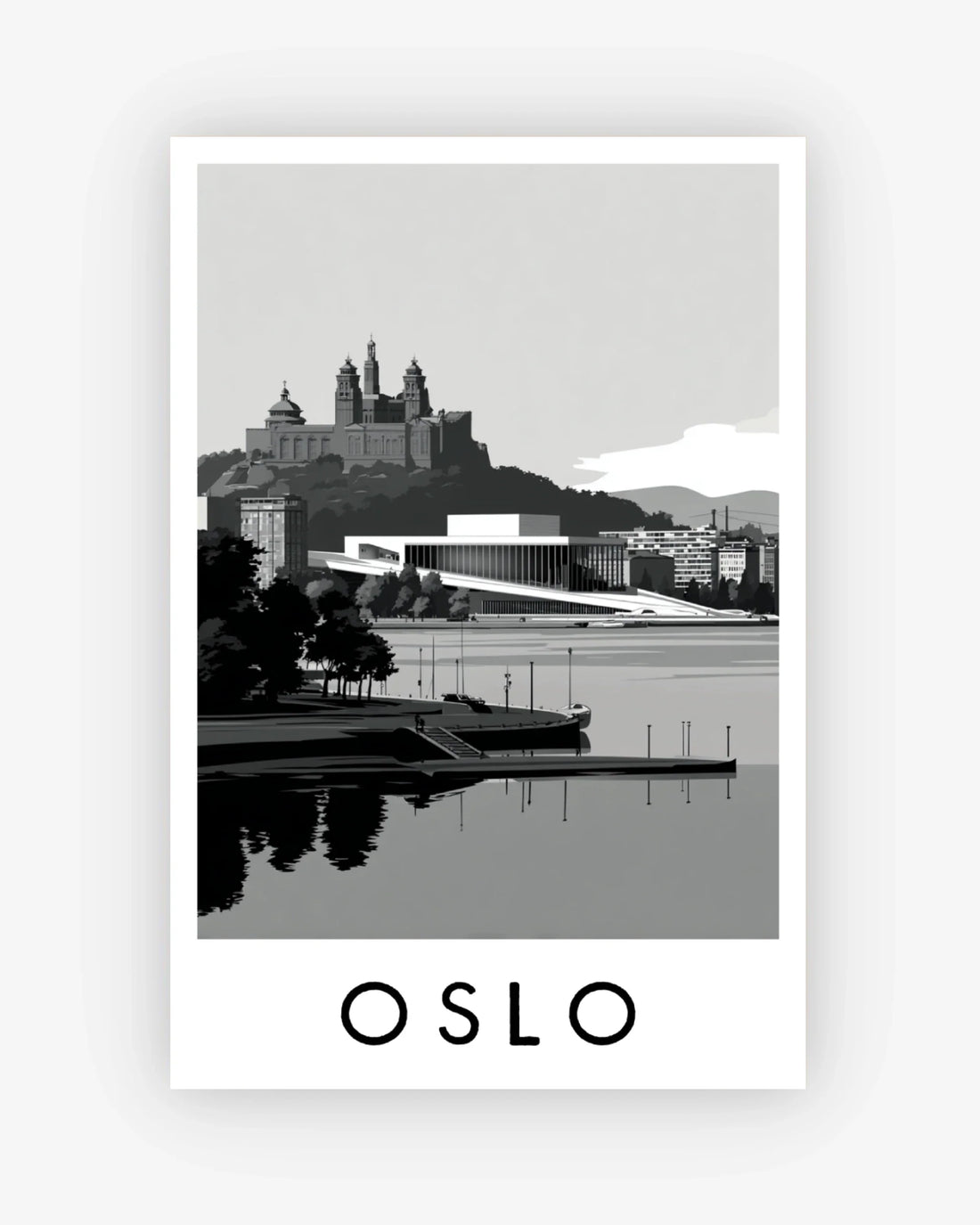 Black and white illustration of Oslo with a lake and buildings.