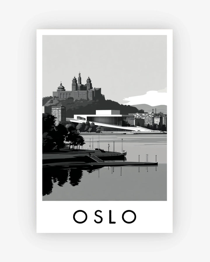 Black and white illustration of Oslo with a lake and buildings.