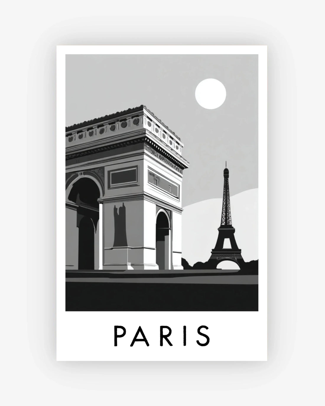 Poster of the Arc de Triomphe and Eiffel Tower with 'PARIS' text on a white background