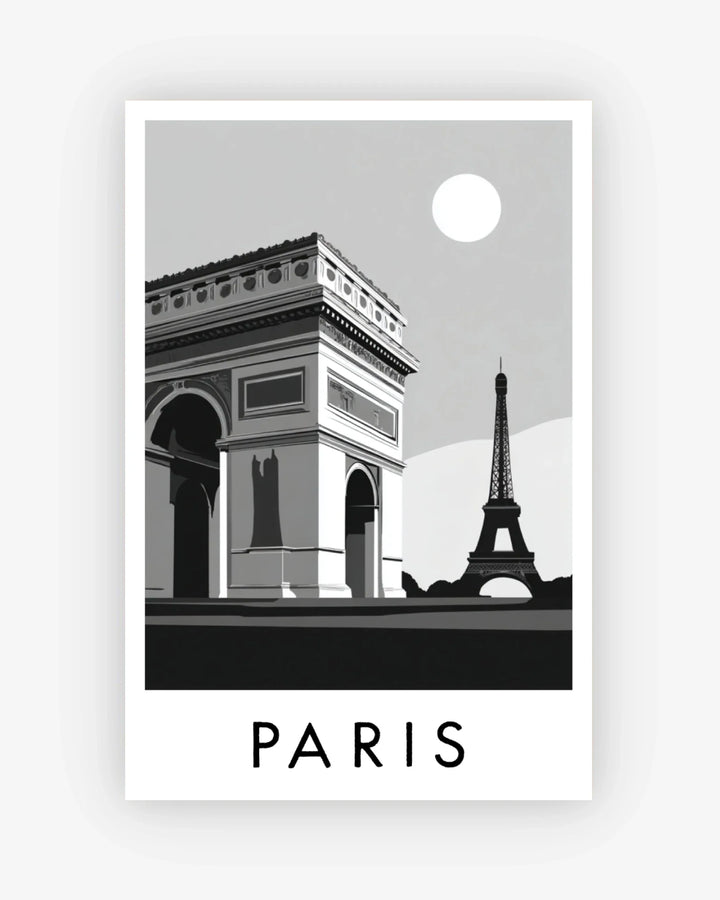 Poster of the Arc de Triomphe and Eiffel Tower with 'PARIS' text on a white background