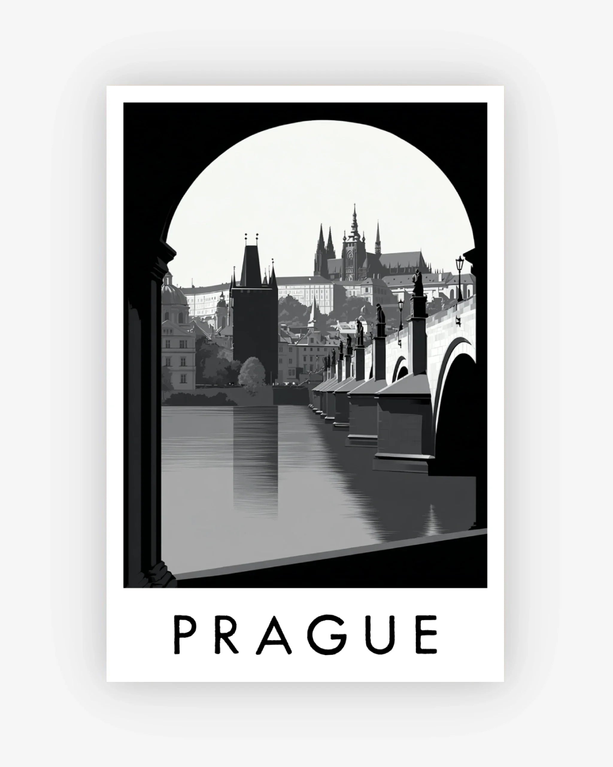 Black and white poster of Prague with a bridge and skyline.
