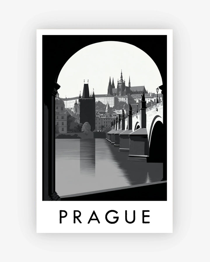 Black and white poster of Prague with a bridge and skyline.