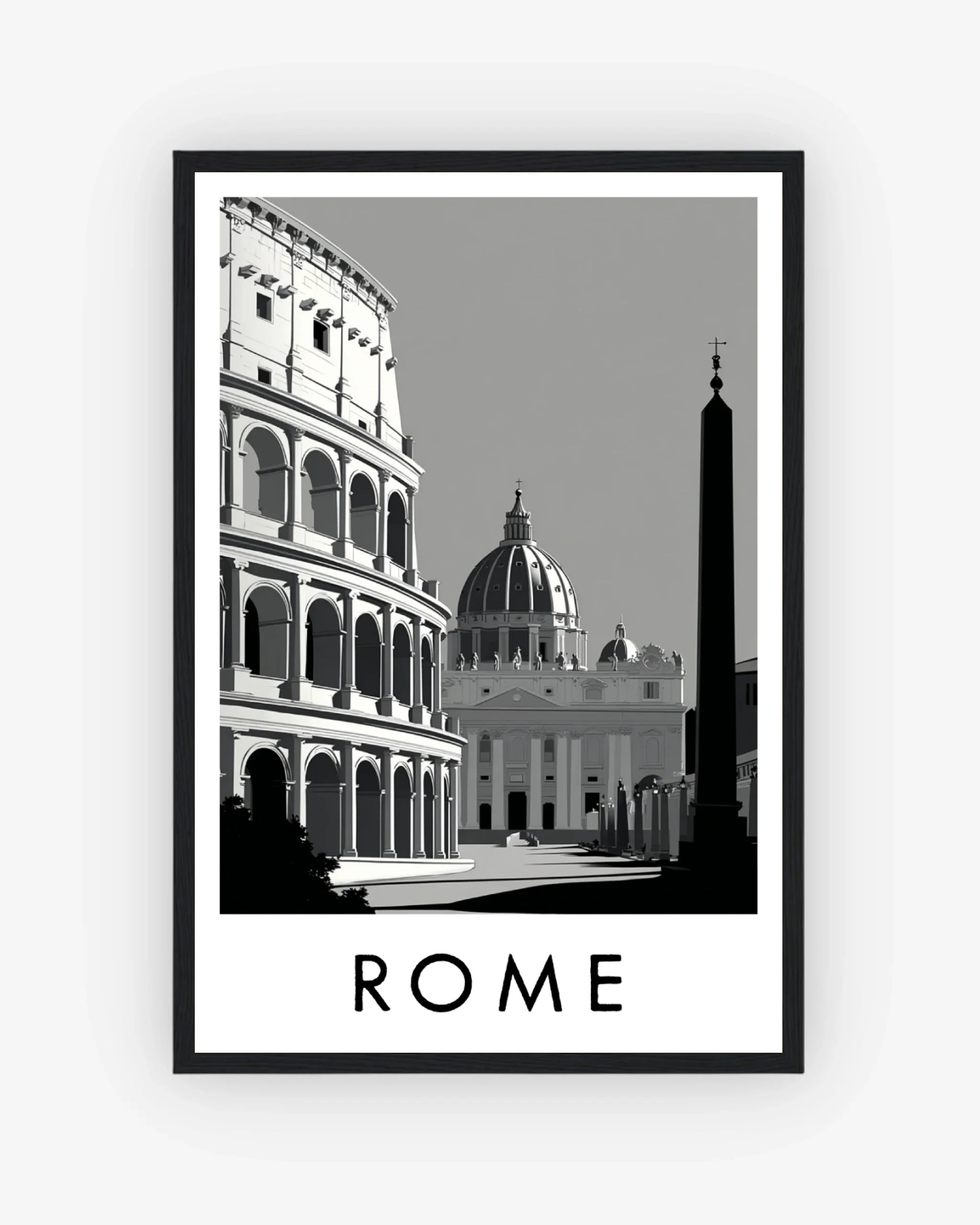 Framed black and white print of the Colosseum and St. Peter's Basilica with 'ROME' text.