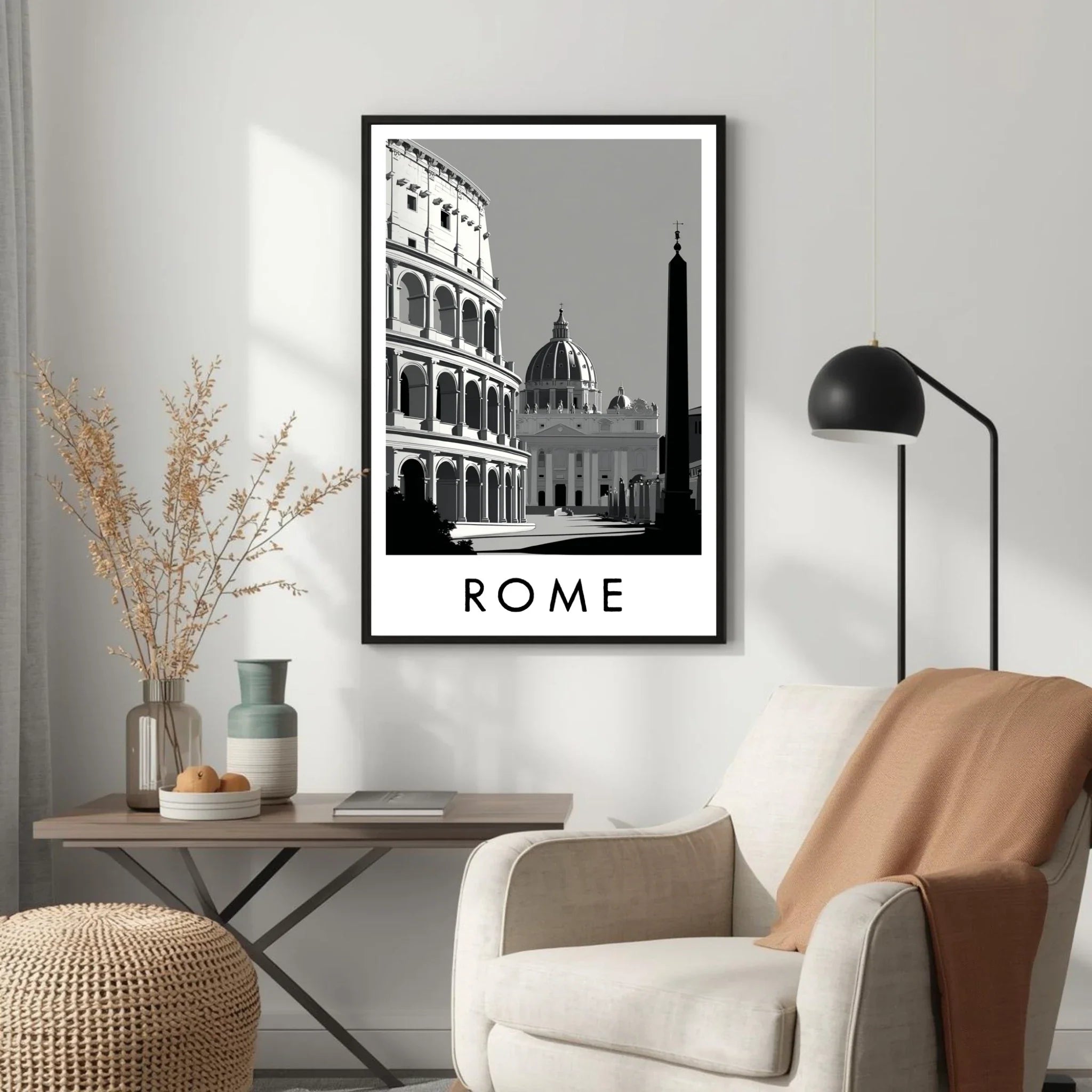 Framed artwork of the Colosseum and St. Peter's Basilica with 'Rome' text in a living room setting.