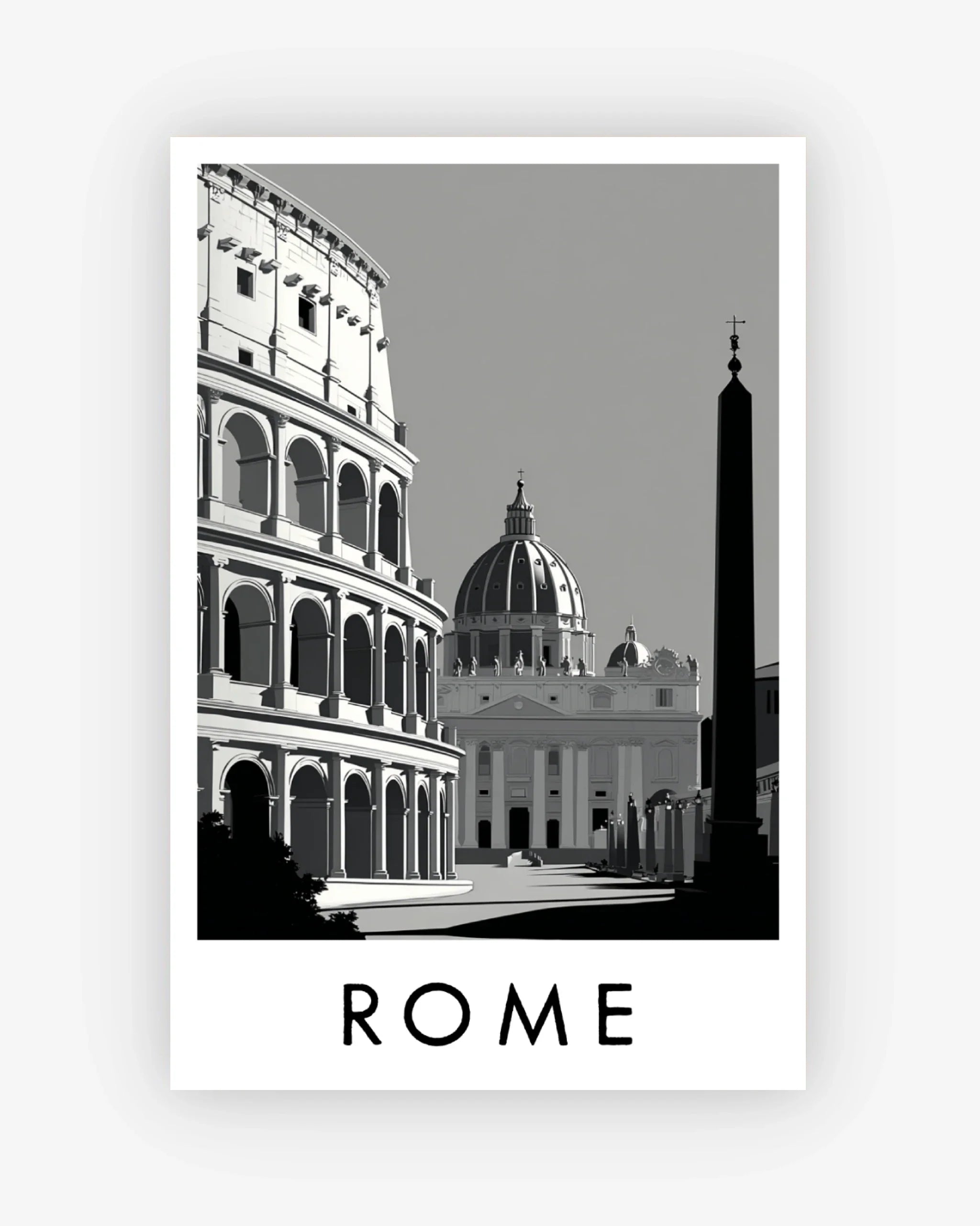 Black and white illustration of Roman architecture with 'ROME' text on a light gray background