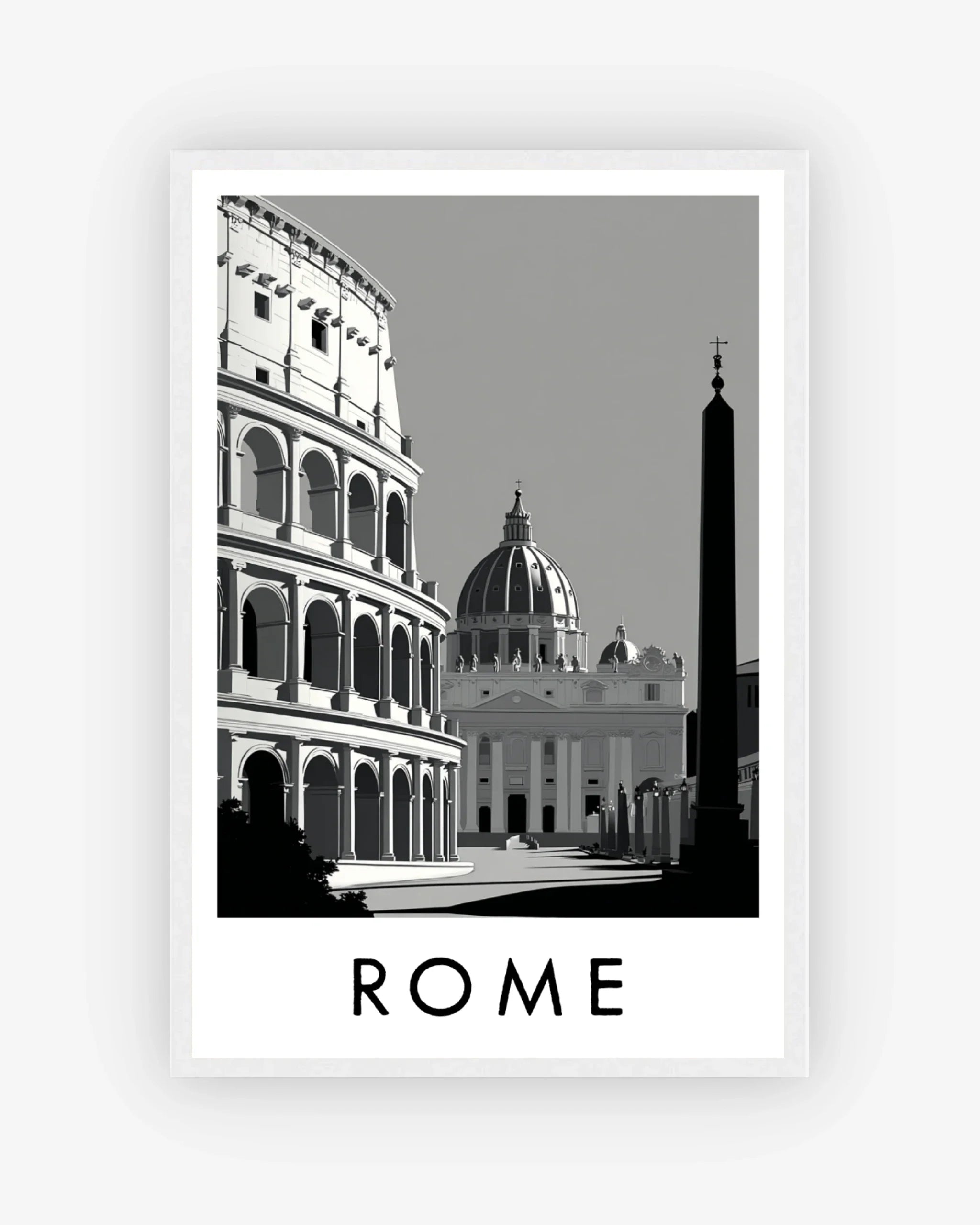 Framed artwork of the Colosseum and St. Peter's Basilica with 'ROME' text on a white background.