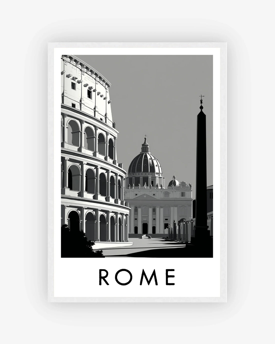 Framed artwork of the Colosseum and St. Peter's Basilica with 'ROME' text on a white background.