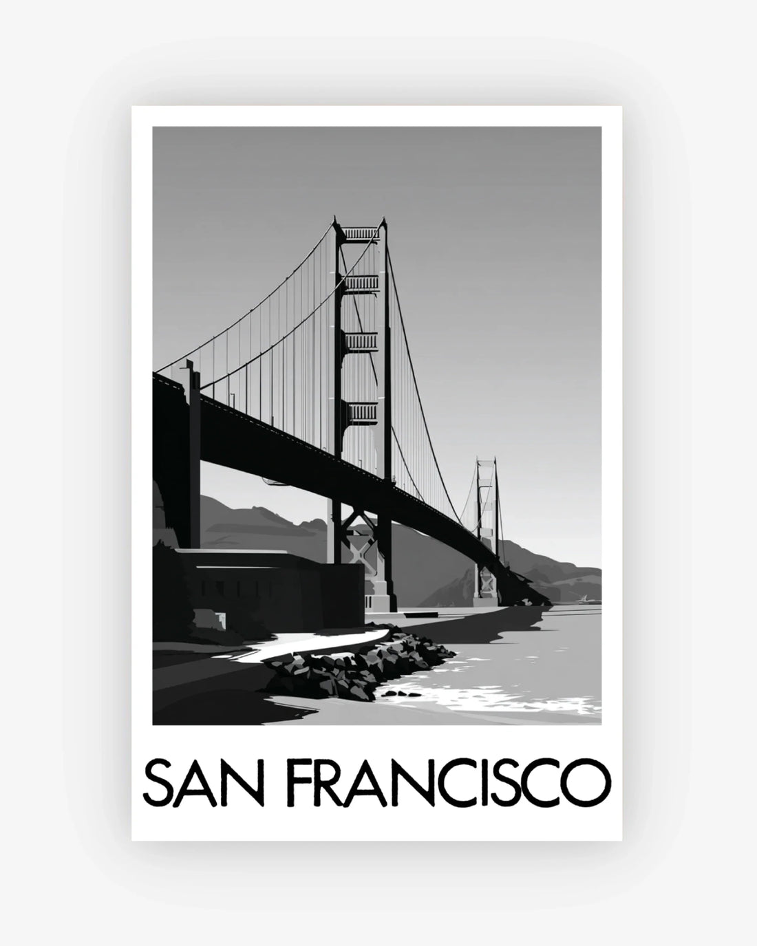 Black and white image of the Golden Gate Bridge with 'San Francisco' text below.