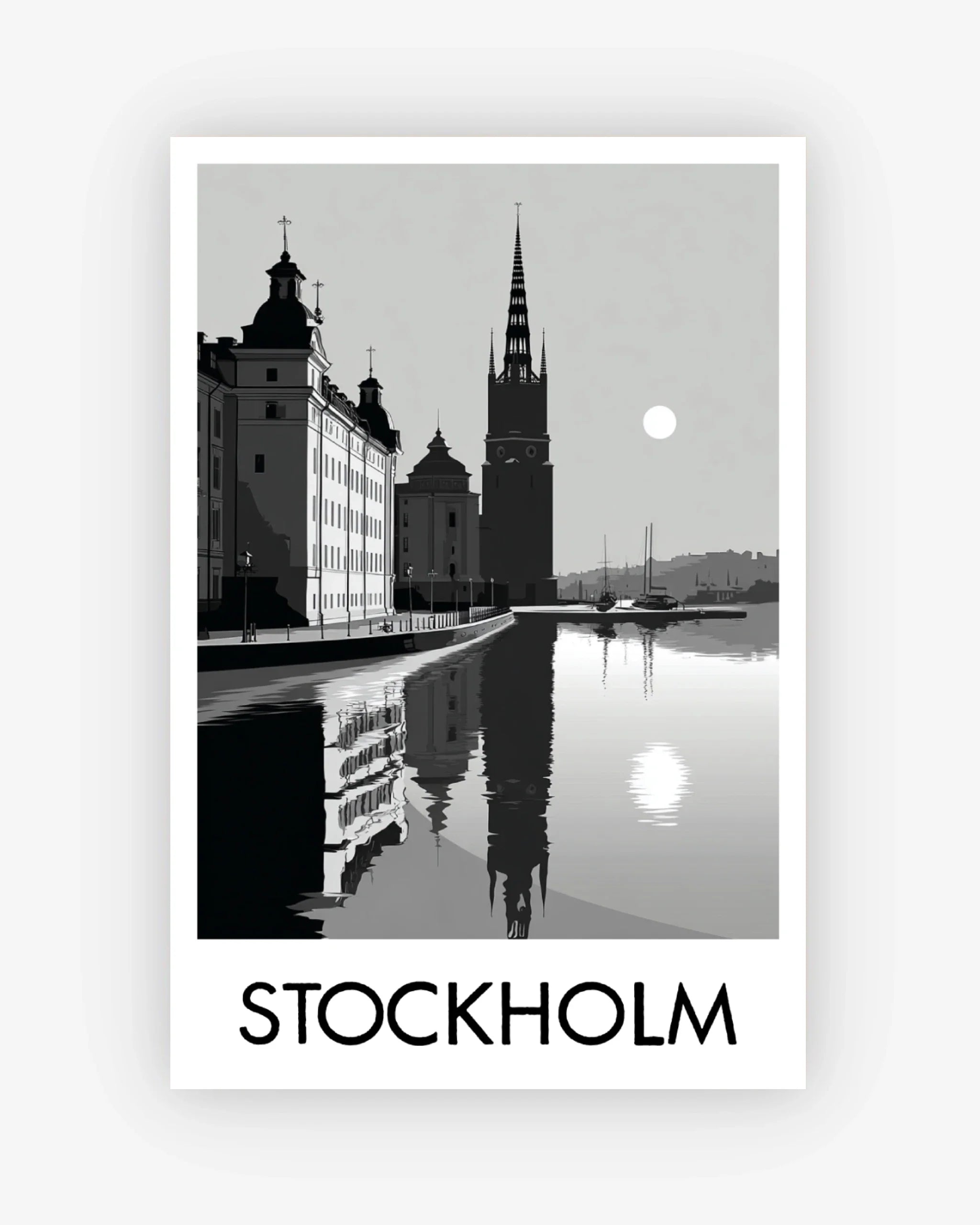 Black and white image of Stockholm with buildings and water reflection.