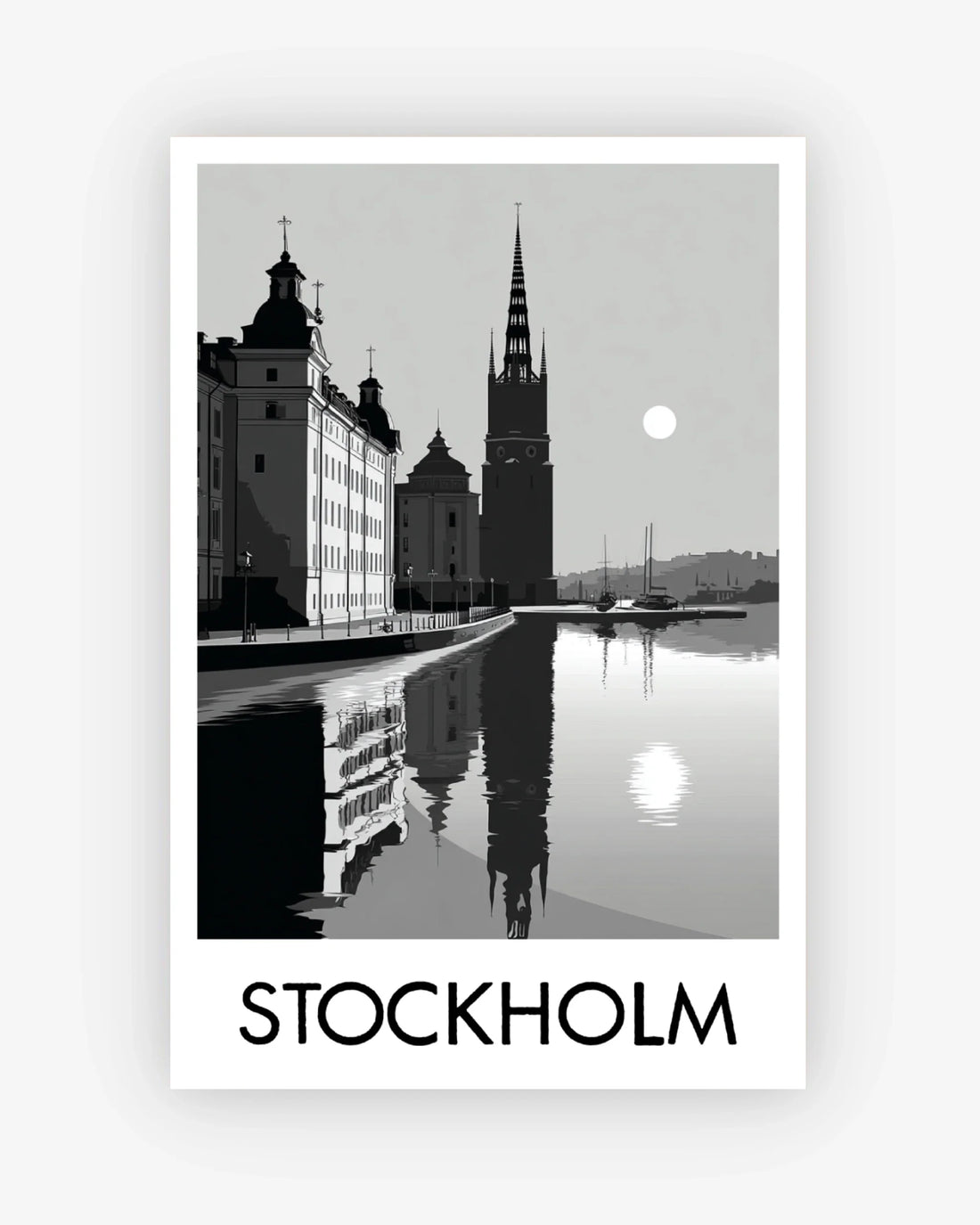 Black and white image of Stockholm with buildings and water reflection.