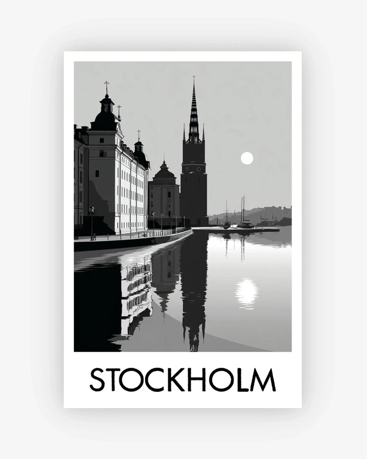 Black and white image of Stockholm with buildings and water reflection.