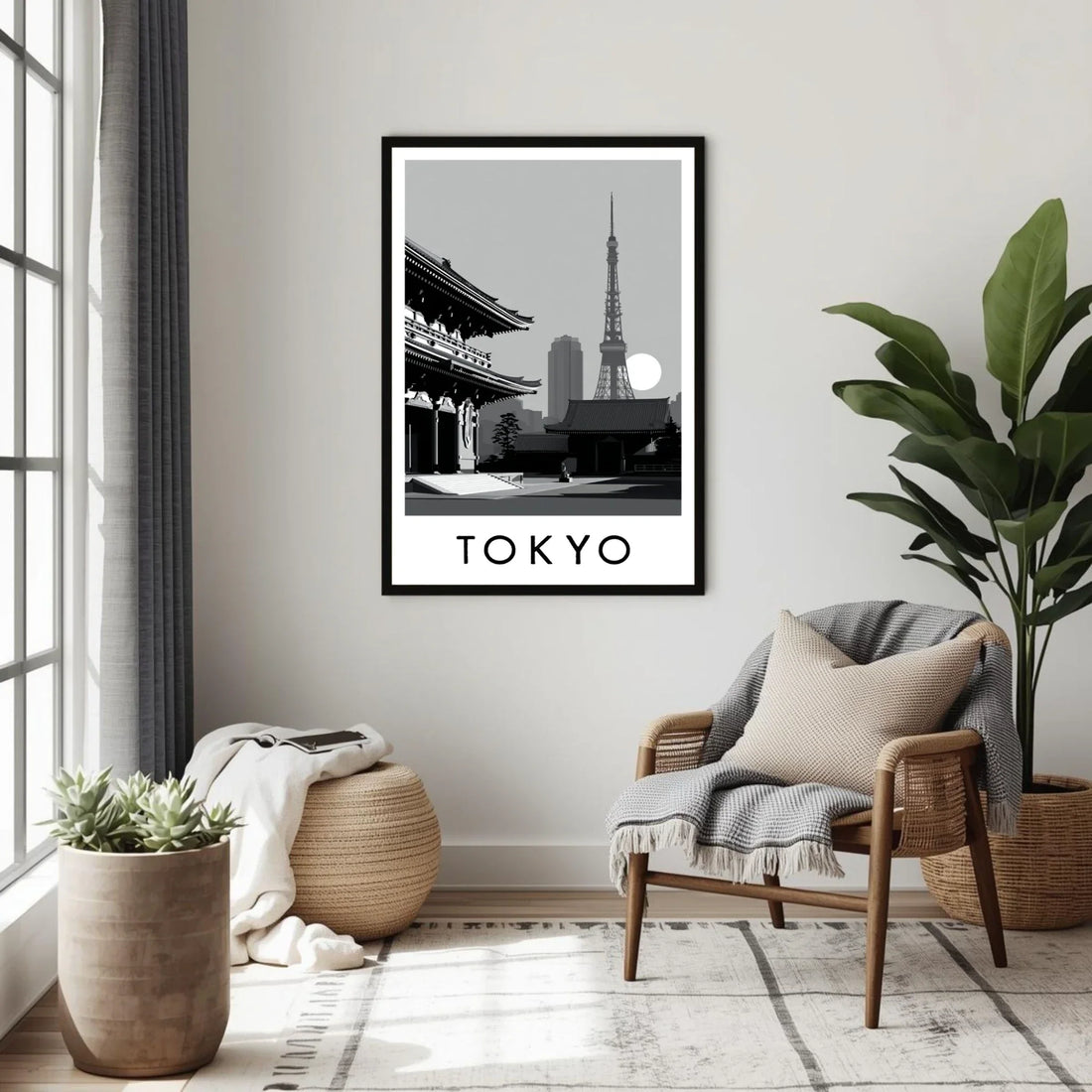 Living room with a framed picture of Tokyo on the wall, featuring a chair, ottoman, and plants.