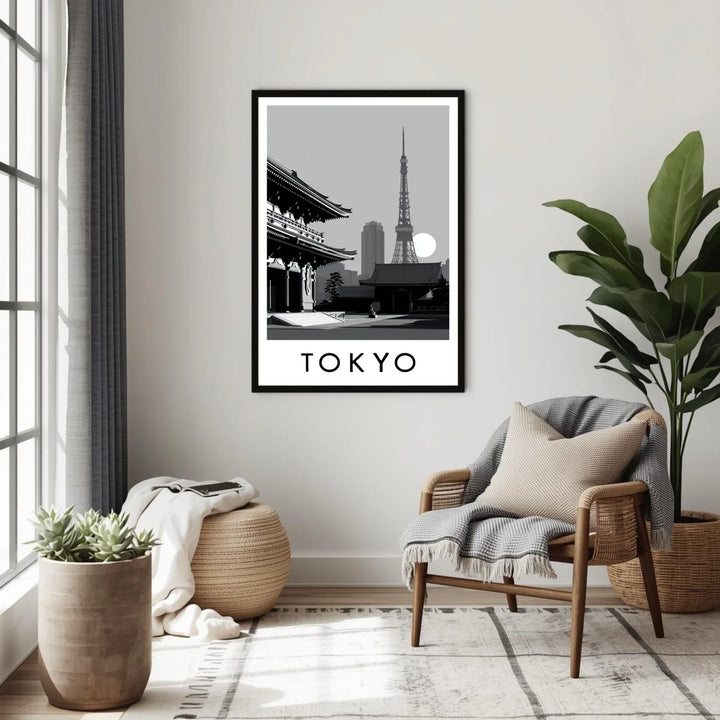Living room with a framed picture of Tokyo on the wall, featuring a chair, ottoman, and plants.