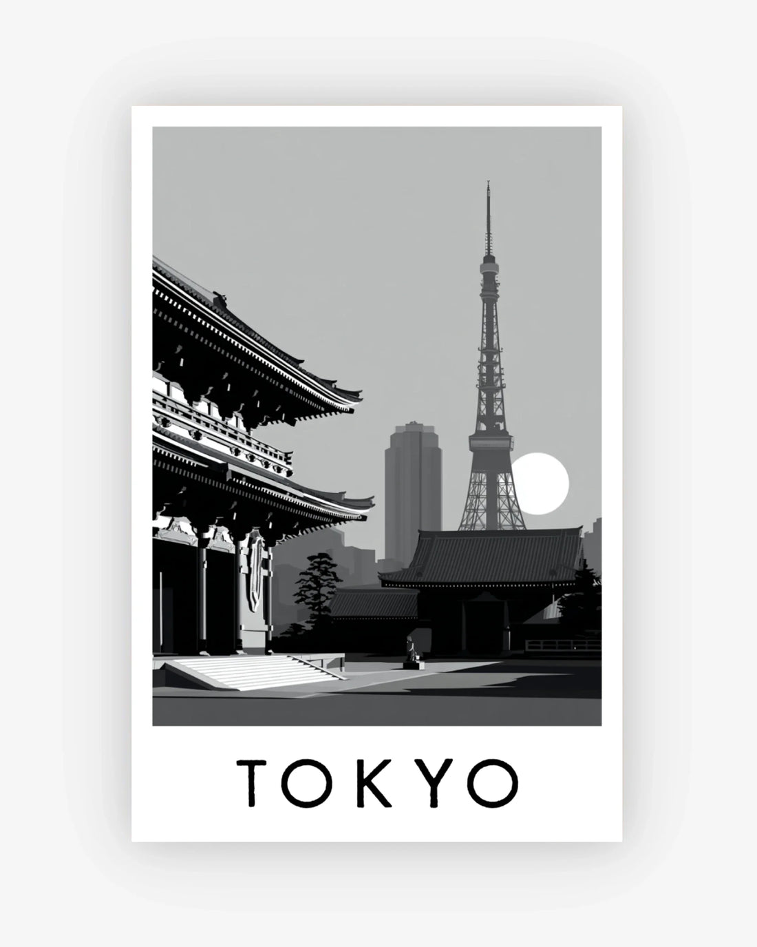 Poster of Tokyo with the Eiffel Tower and traditional Japanese architecture.