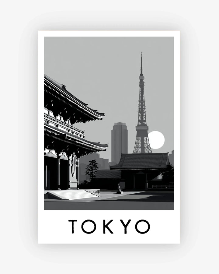 Poster of Tokyo with the Eiffel Tower and traditional Japanese architecture.