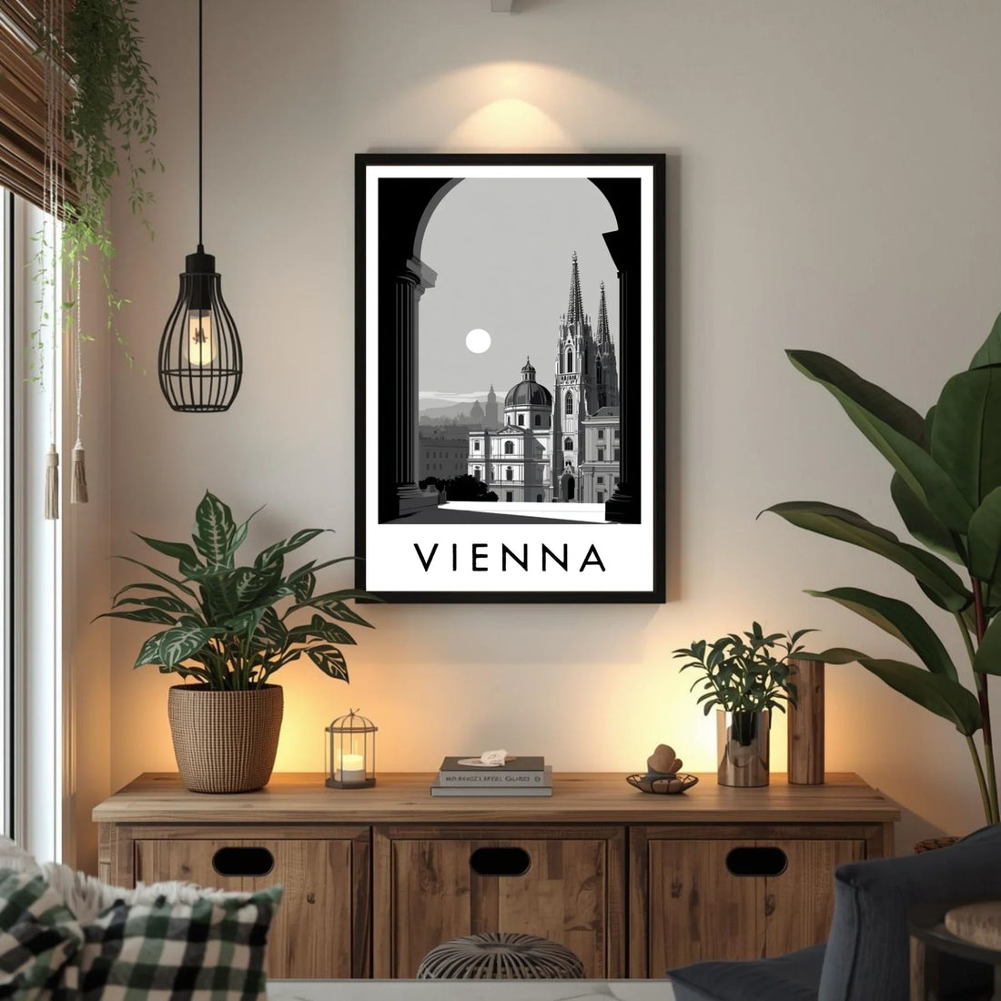 Framed poster of Vienna on a wall above a wooden cabinet with plants and decor.