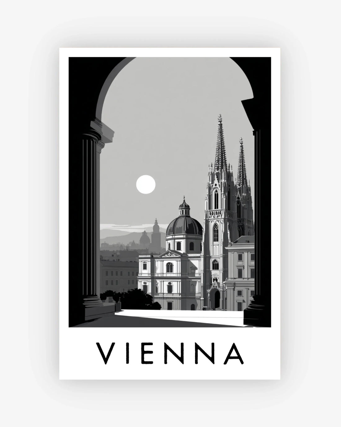 Poster of Vienna with architectural landmarks and 'VIENNA' text.