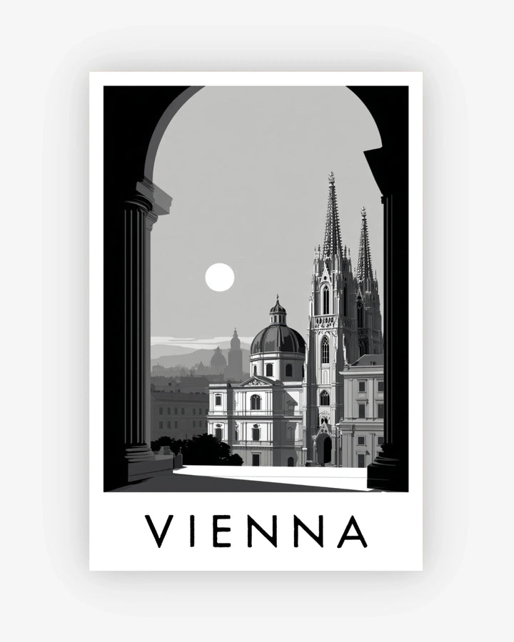 Poster of Vienna with architectural landmarks and 'VIENNA' text.