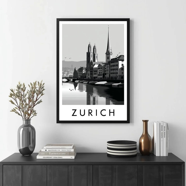 Framed artwork of Zurich with decorative items on a shelf.
