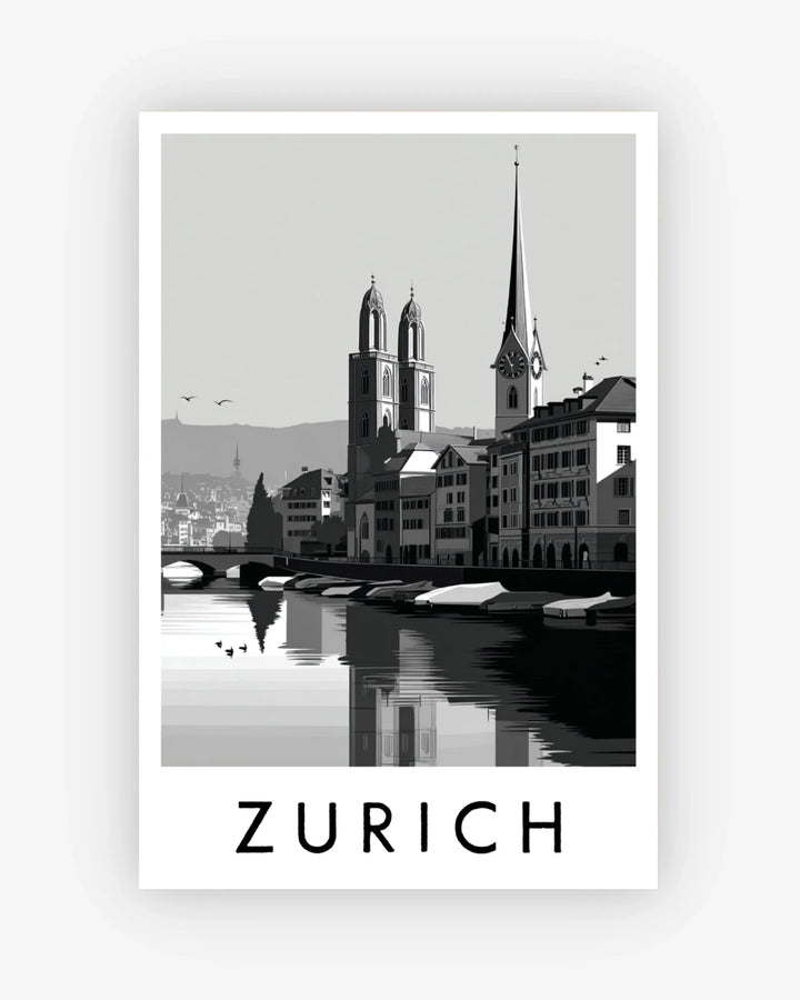Black and white poster of Zurich with cityscape and lake reflection