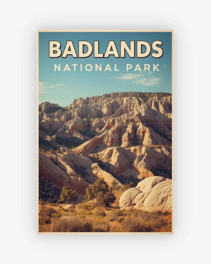 Poster of Badlands National Park with a scenic view and 'Badlands National Park' text.