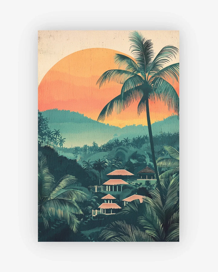 Tropical landscape with palm trees, huts, and an orange sunset.