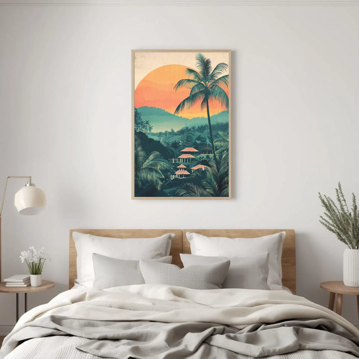 Tropical landscape painting above a bed in a bedroom