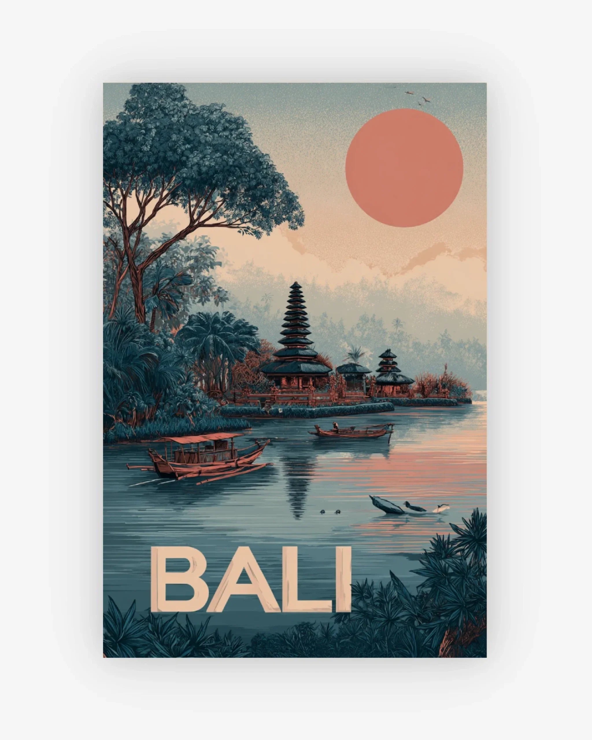 Vintage-style poster of Bali with a temple, boats, and a large red sun.
