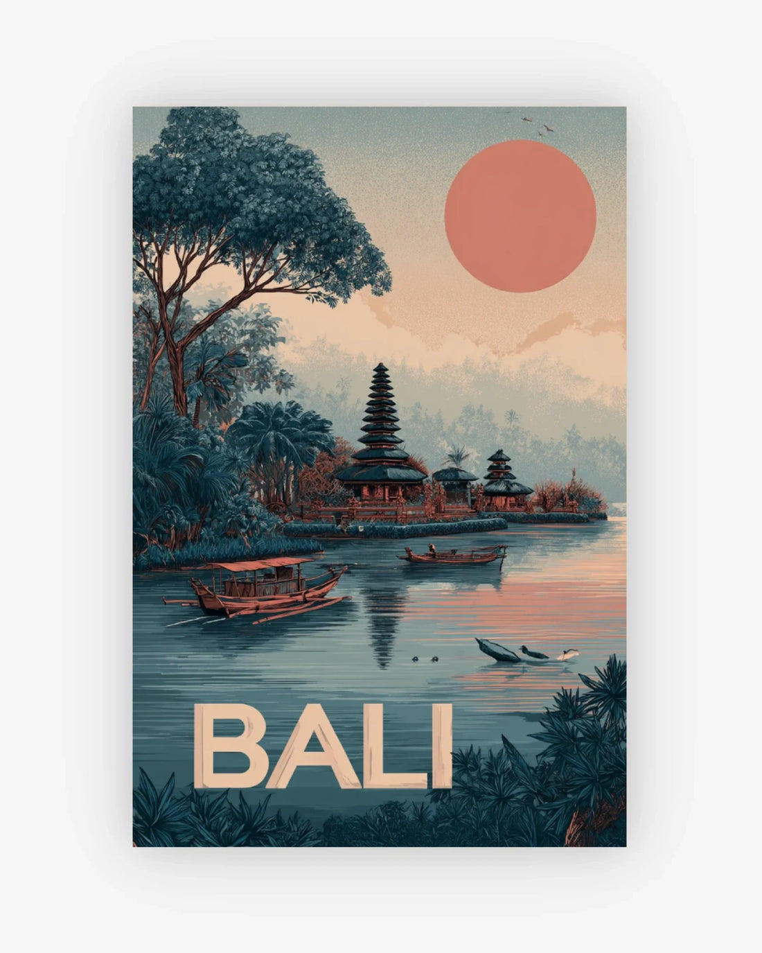 Vintage-style poster of Bali with a temple, boats, and a large red sun.