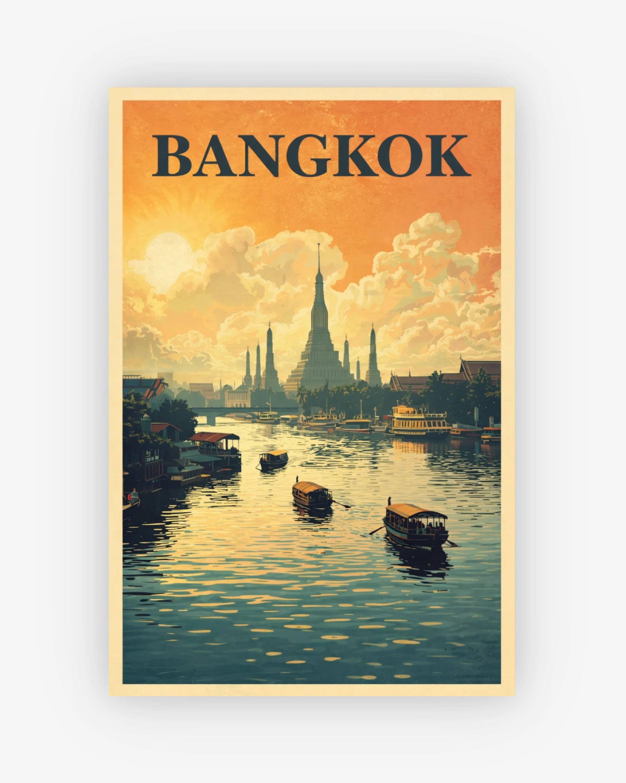 Vintage-style poster of Bangkok with a river and boats.