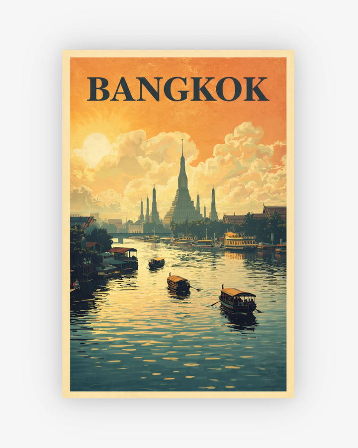 Vintage-style poster of Bangkok with a river and boats.