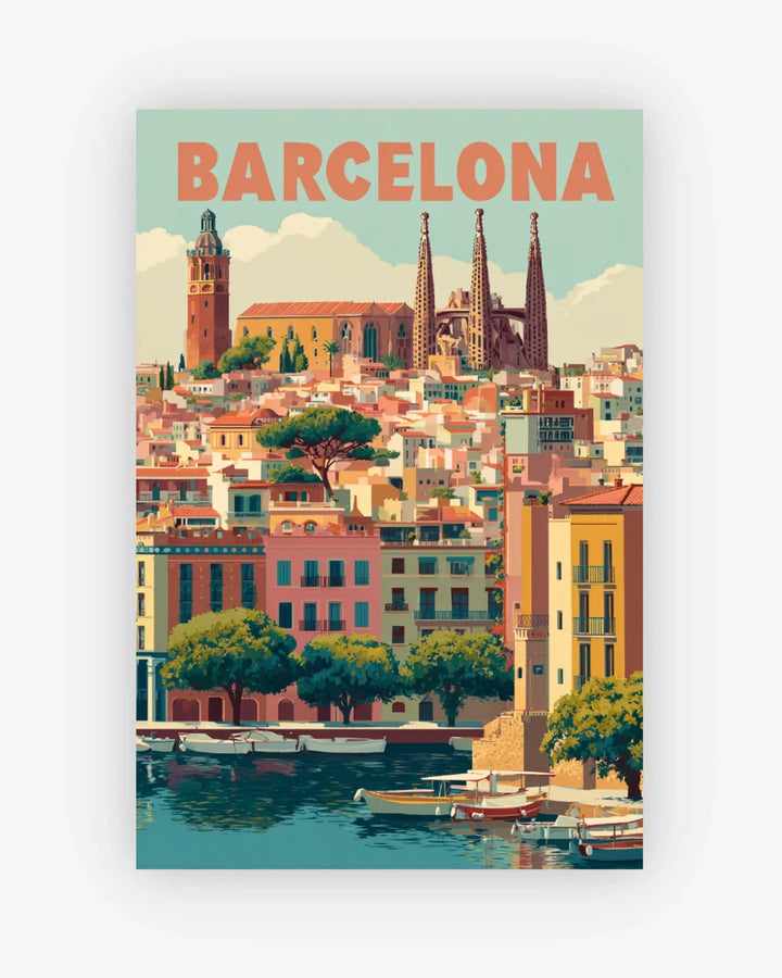 Vintage-style poster of Barcelona with colorful buildings and a body of water.