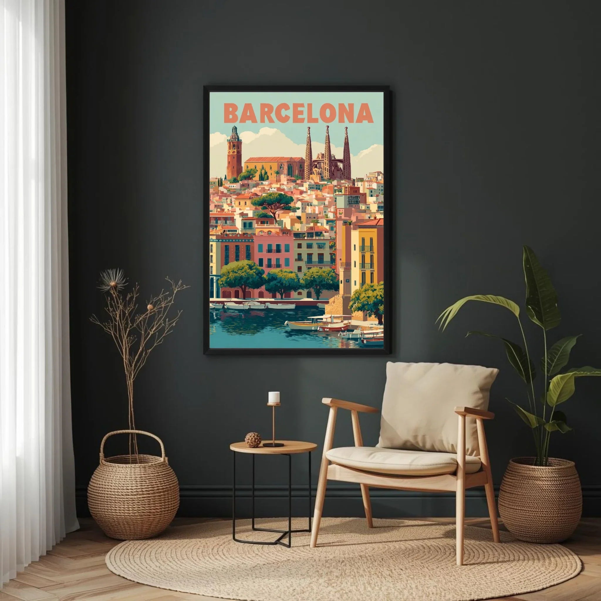 Framed poster of Barcelona on a dark wall above a wooden chair with a plant and side table.