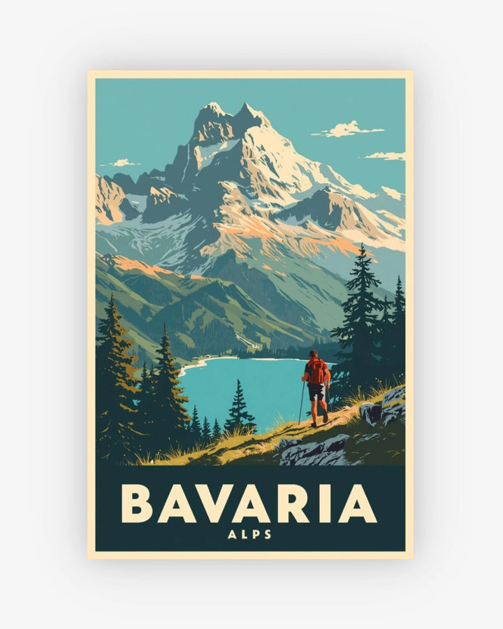 Poster of a mountain landscape with a lake and a hiker, labeled 'Bavaria Alps'.