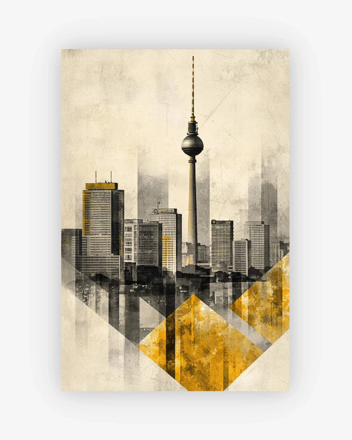 Cityscape with a prominent tower on a textured background