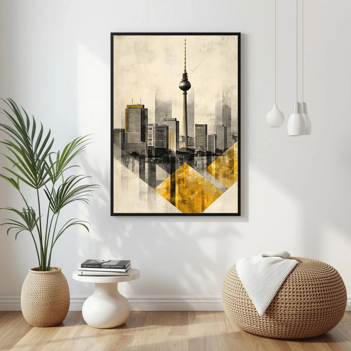 Framed cityscape art print on a wall with a plant and small table in the foreground.