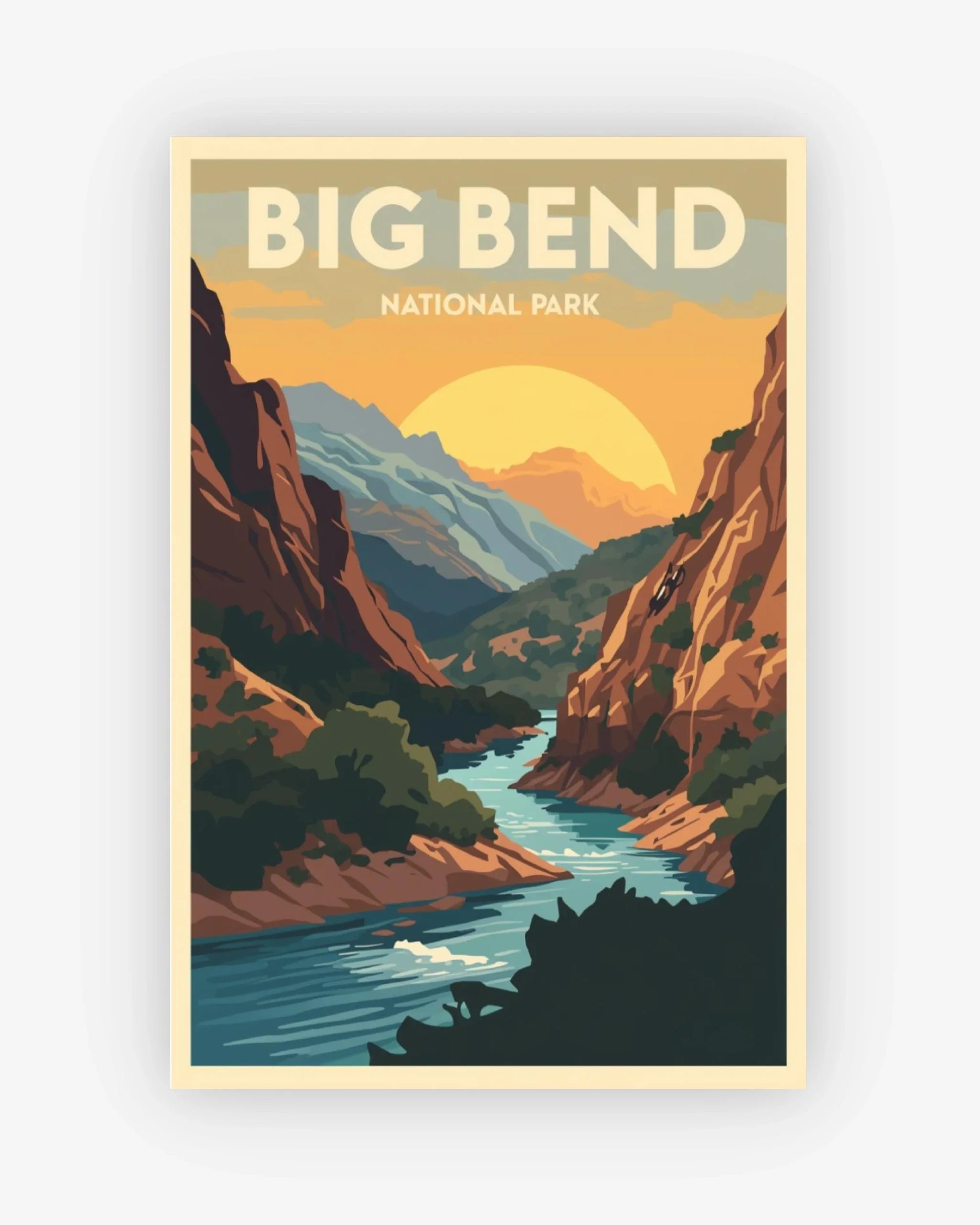Poster of Big Bend National Park with a scenic view of a river and cliffs.