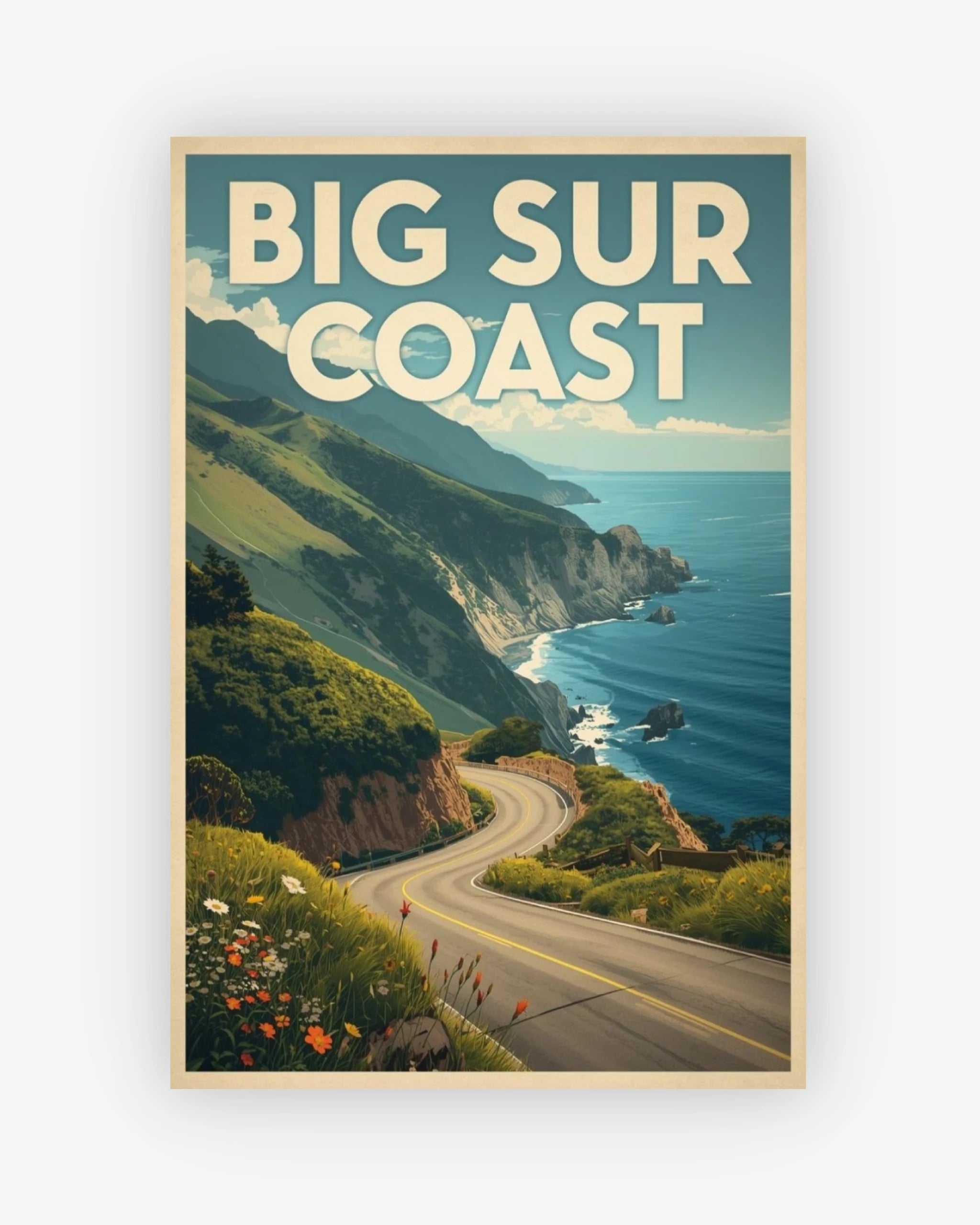 Poster of Big Sur Coast with scenic road and ocean view.