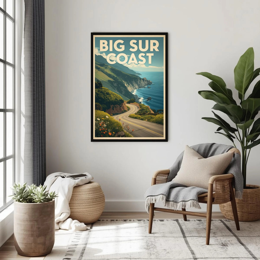 Living room with a 'Big Sur Coast' framed print on the wall, a chair, and plants.