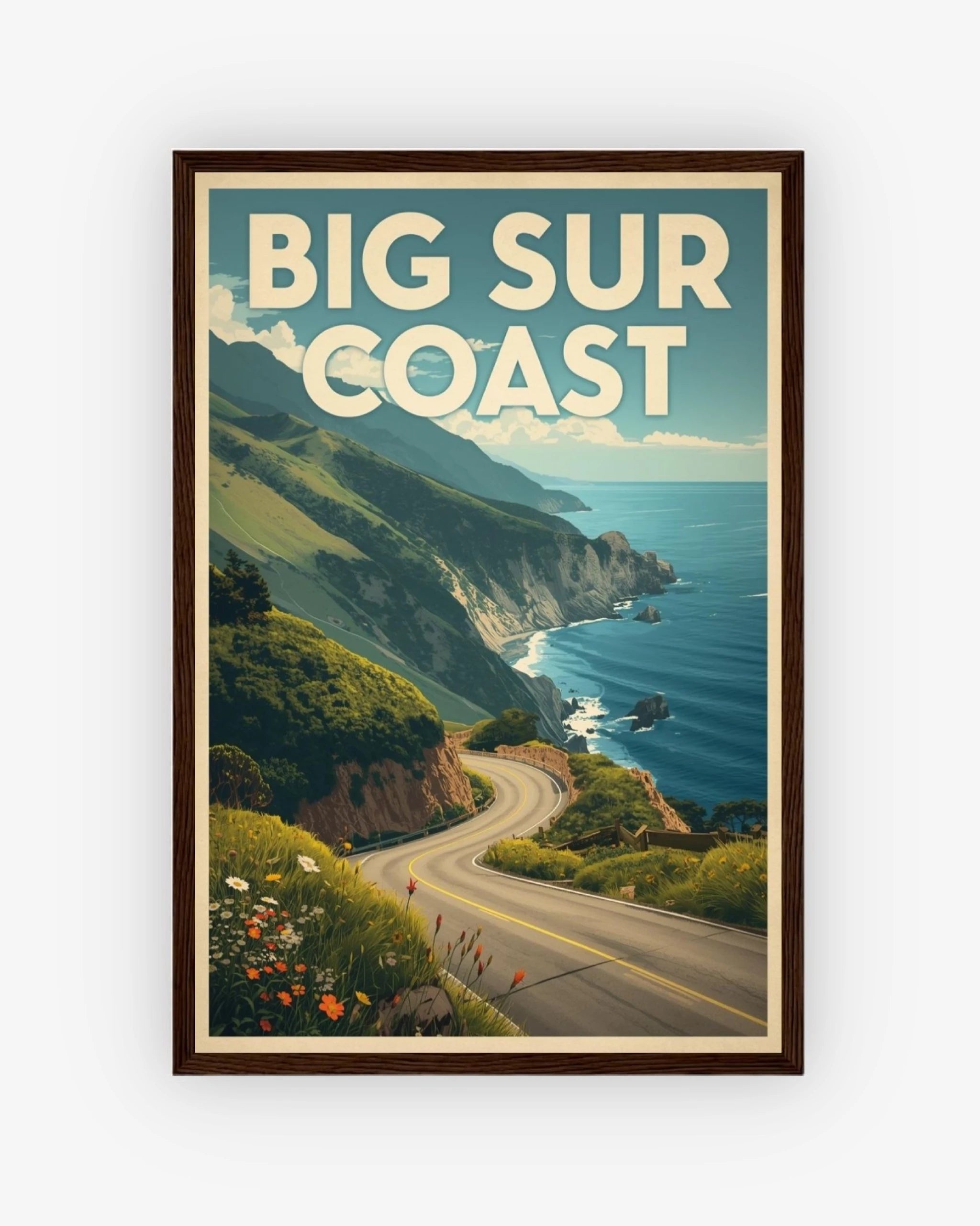 Big Sur Coast travel poster with dark wood frame