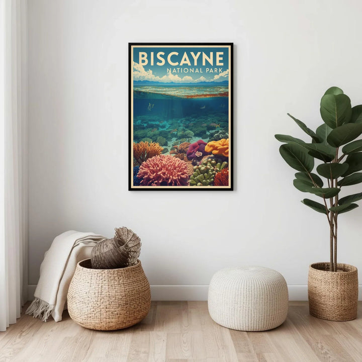 Framed poster of Biscayne National Park on a wall with decorative items below.