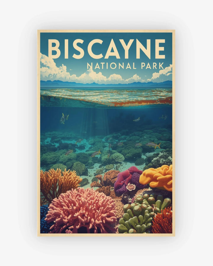 Poster of Biscayne National Park with underwater scene and coral reefs.