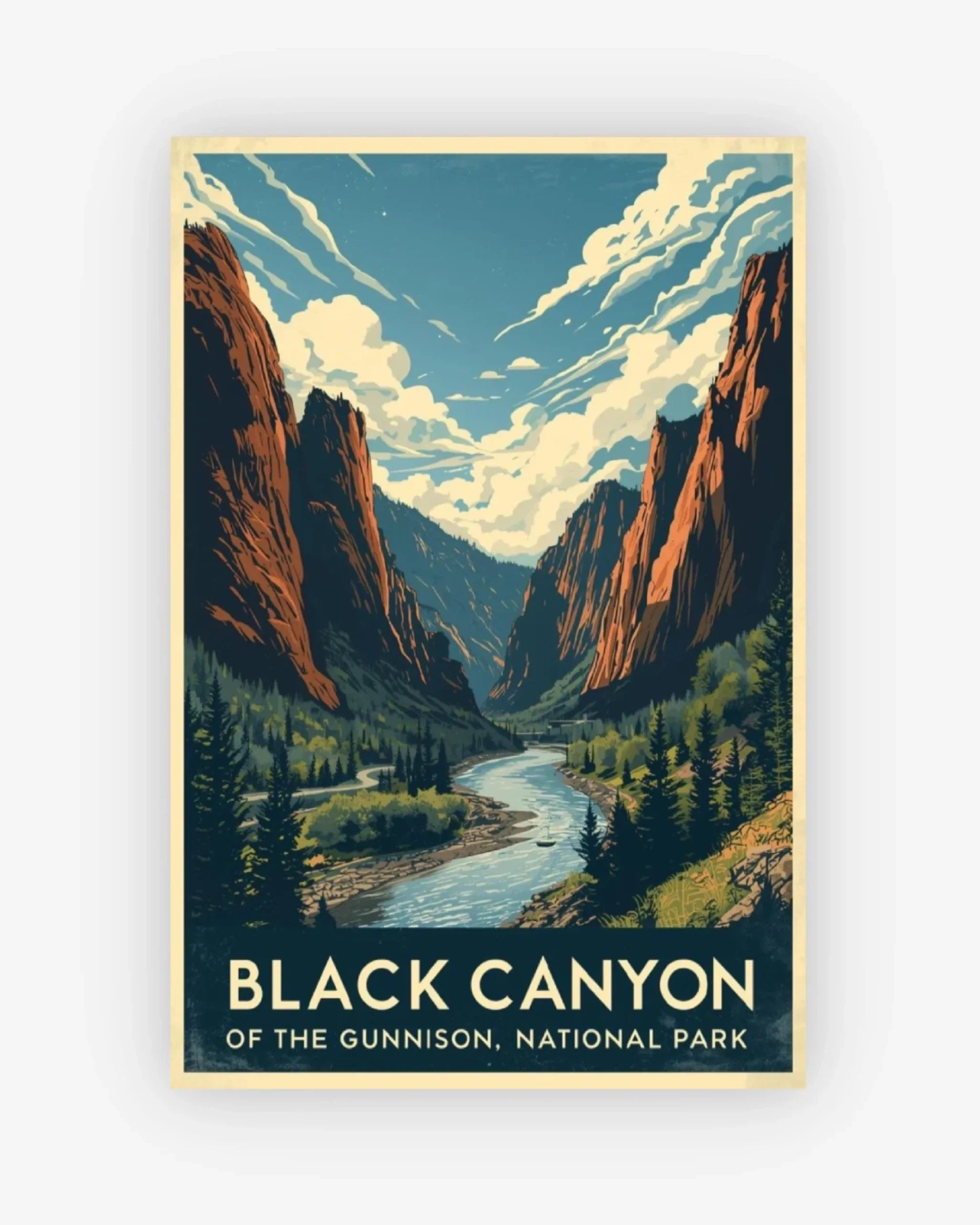 Vintage-style poster of Black Canyon of the Gunnison National Park with mountains and river.