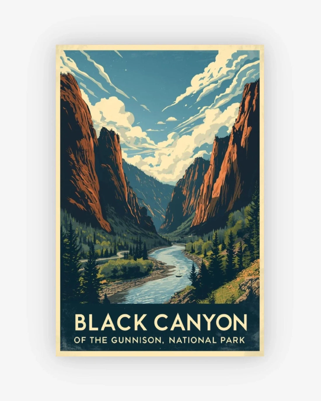 Vintage-style poster of Black Canyon of the Gunnison National Park with mountains and river.