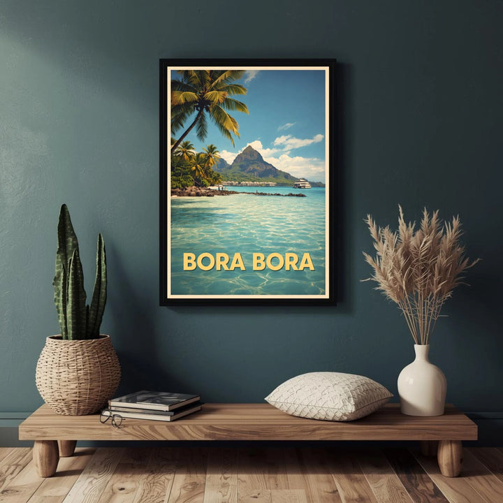 Framed poster of Bora Bora with decorative items on a wooden shelf against a dark green wall.