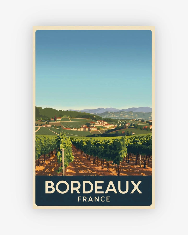Poster of Bordeaux, France with vineyards and a clear blue sky.