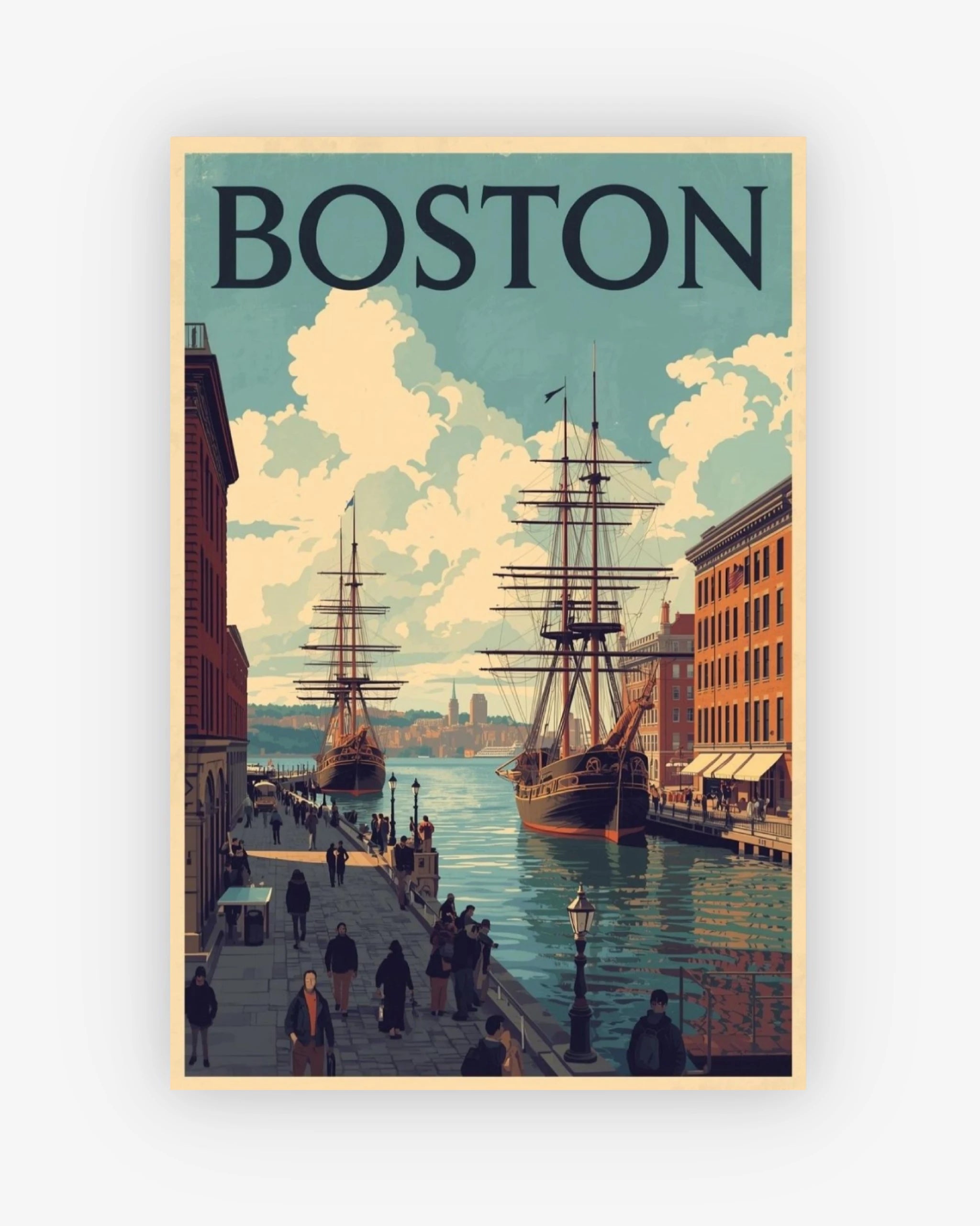 Vintage-style poster of Boston with ships docked at a harbor.