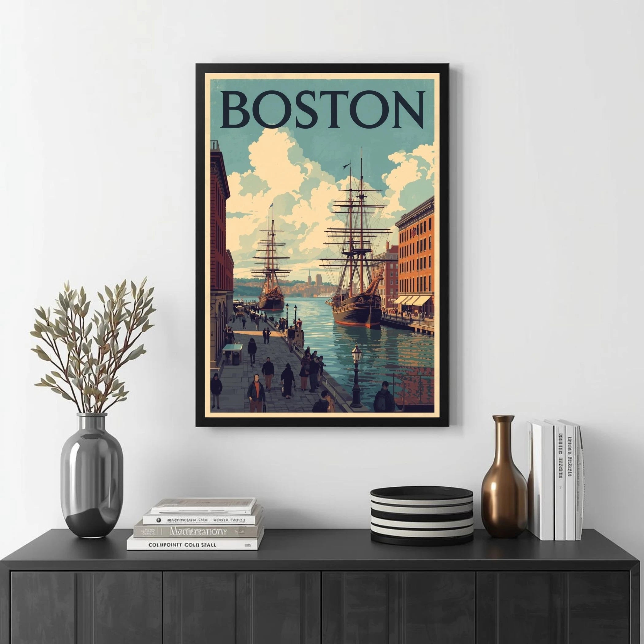 Framed Boston poster on a wall above a black console table with decorative items.
