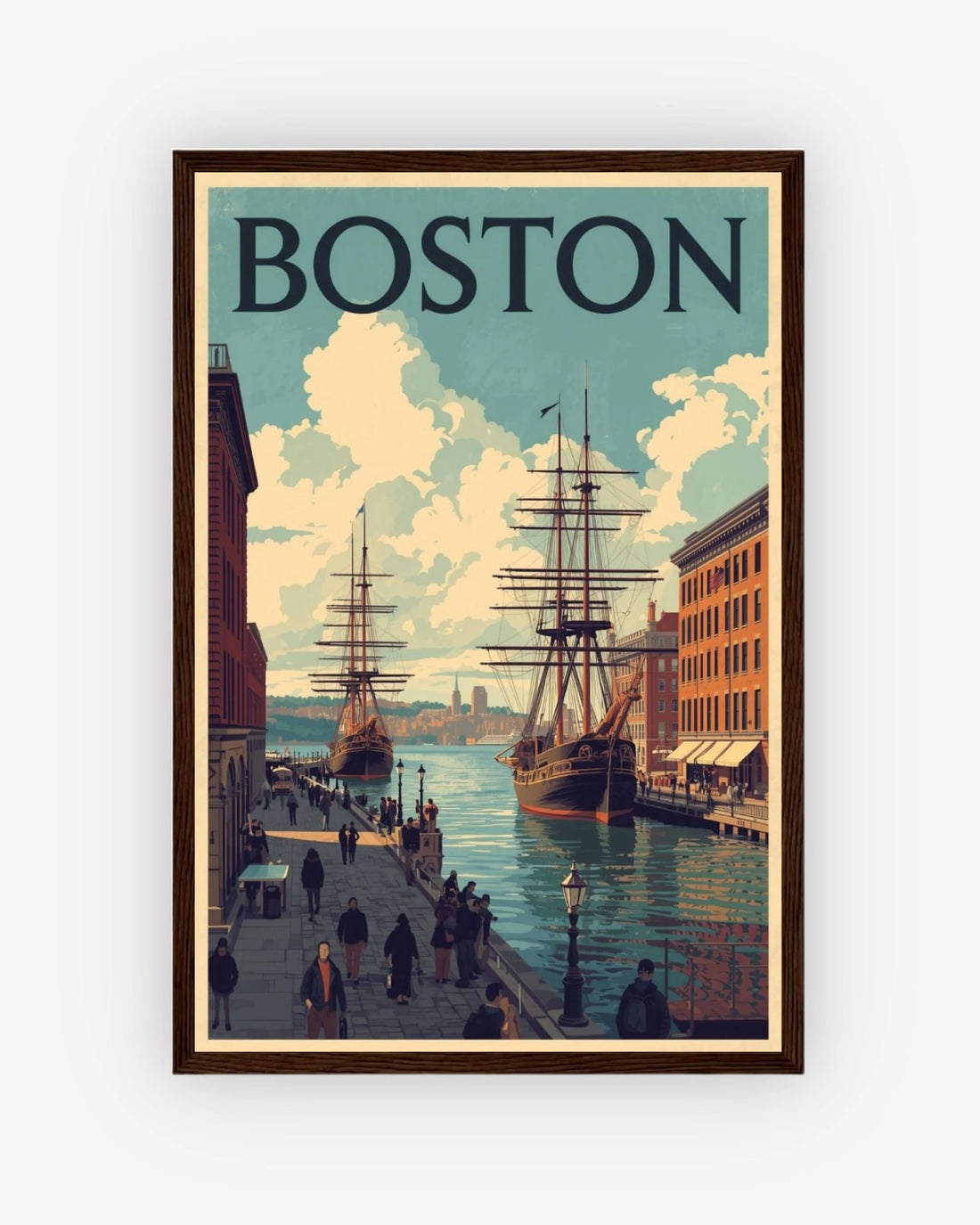 Boston travel poster with dark wood frame