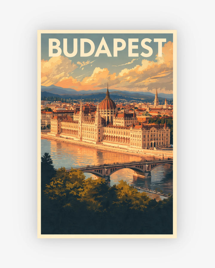Vintage-style poster of Budapest with a large building and bridge over a river.